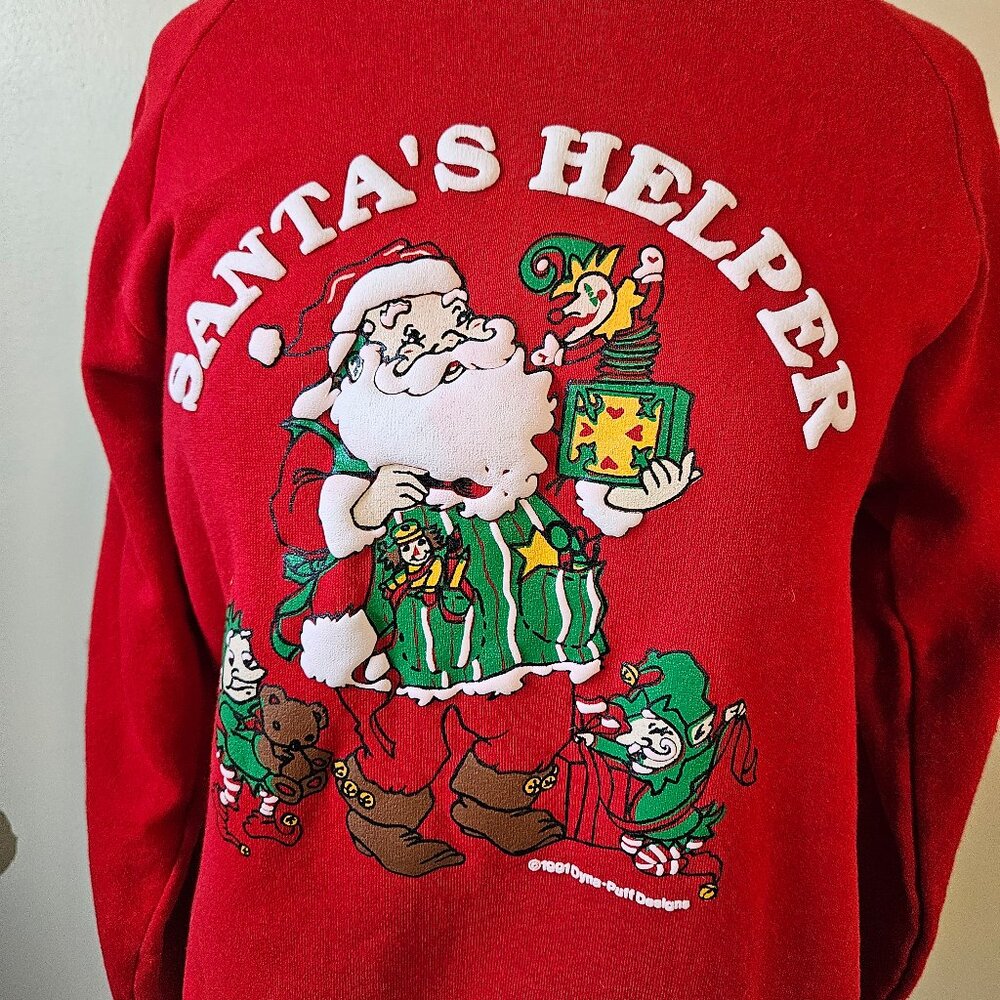 Vintage 80s 90s Holiday Christmas Santa's Helper Red Elf Winter Sweatshirt Large